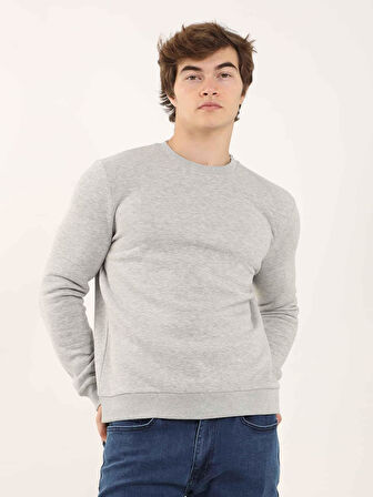 Dufy Gri Melanj Erkek Oversize Düz Pamuklu Bisiklet Yaka Sweatshirt - 103707