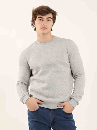 Dufy Gri Melanj Erkek Oversize Düz Pamuklu Bisiklet Yaka Sweatshirt - 103707