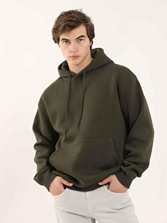 Dufy Haki Erkek Oversize Düz Pamuklu Kapüşonlu Sweatshirt - 103717