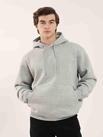 Dufy Gri Melanj Erkek Oversize Düz Pamuklu Kapüşonlu Sweatshirt - 103742