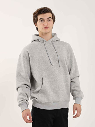 Dufy Gri Melanj Erkek Oversize Düz Pamuklu Kapüşonlu Sweatshirt - 103742