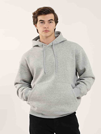 Dufy Gri Melanj Erkek Oversize Düz Pamuklu Kapüşonlu Sweatshirt - 103742