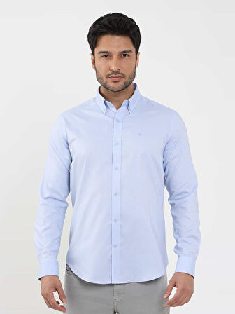 Dufy Mavi Erkek Slim Fit Düz Brent Düğmeli Yaka Uzun Kol Gömlek - 104329