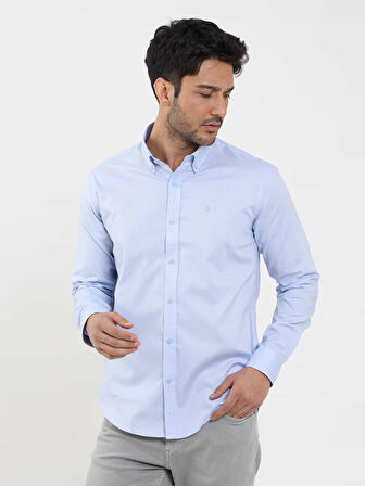 Dufy Mavi Erkek Slim Fit Düz Brent Düğmeli Yaka Uzun Kol Gömlek - 104329