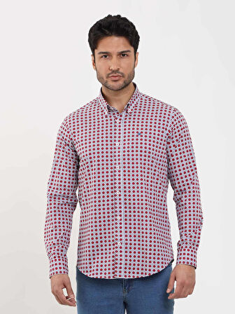Dufy Kırmızı Erkek Slim Fit Puantiyeli Brent Düğmeli Yaka Uzun Kol Gömlek - 104344