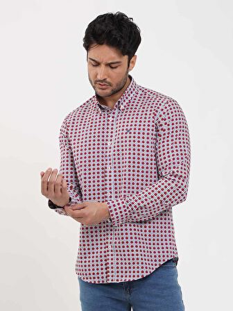 Dufy Kırmızı Erkek Slim Fit Puantiyeli Brent Düğmeli Yaka Uzun Kol Gömlek - 104344