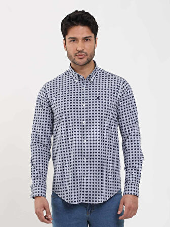 Dufy Lacivert Erkek Slim Fit Puantiyeli Brent Düğmeli Yaka Uzun Kol Gömlek - 104349
