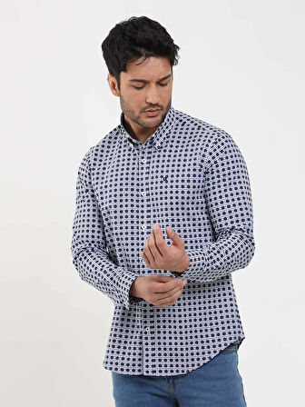 Dufy Lacivert Erkek Slim Fit Puantiyeli Brent Düğmeli Yaka Uzun Kol Gömlek - 104349
