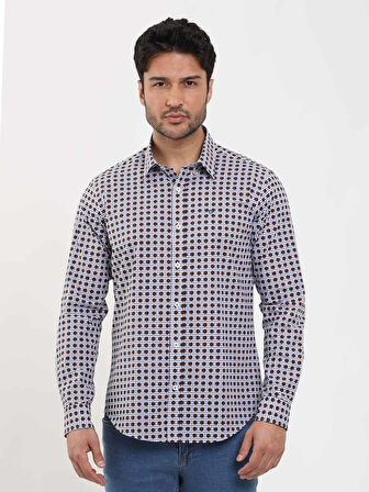 Dufy Kahverengi Erkek Slim Fit Puantiyeli Brent Düğmeli Yaka Uzun Kol Gömlek - 104359