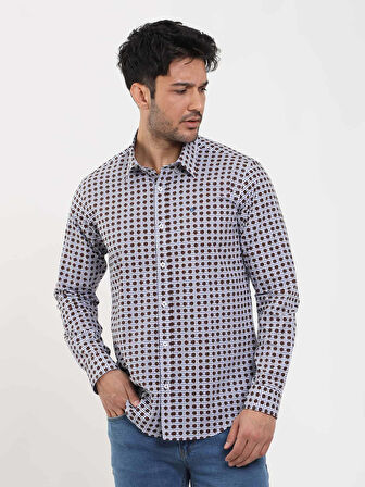 Dufy Kahverengi Erkek Slim Fit Puantiyeli Brent Düğmeli Yaka Uzun Kol Gömlek - 104359