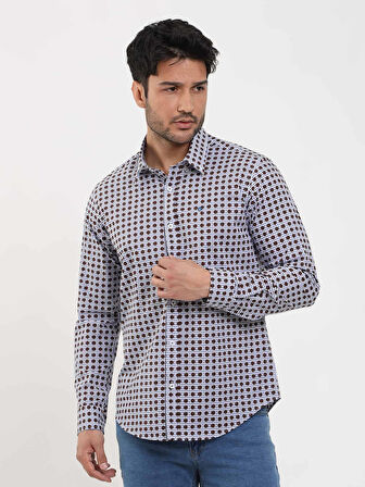 Dufy Kahverengi Erkek Slim Fit Puantiyeli Brent Düğmeli Yaka Uzun Kol Gömlek - 104359