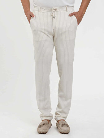 Dufy Ekru Erkek Slim Fit Çizgili Gofre Desenli Pantolon - 104448