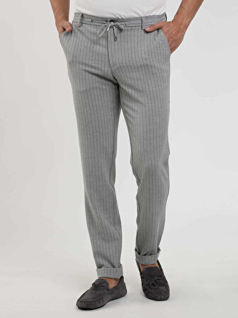 Dufy Gri Erkek Slim Fit Çizgili Gofre Desenli Pantolon - 104455