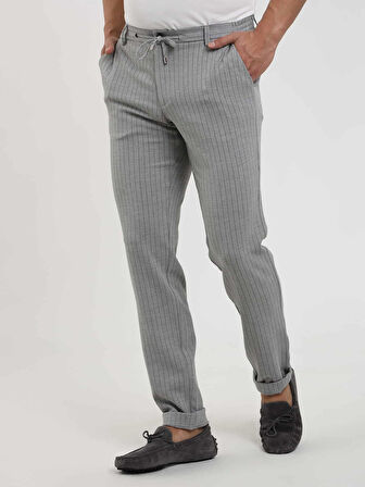 Dufy Gri Erkek Slim Fit Çizgili Gofre Desenli Pantolon - 104455