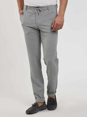 Dufy Gri Erkek Slim Fit Çizgili Gofre Desenli Pantolon - 104455