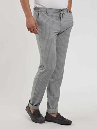 Dufy Gri Erkek Slim Fit Çizgili Gofre Desenli Pantolon - 104455