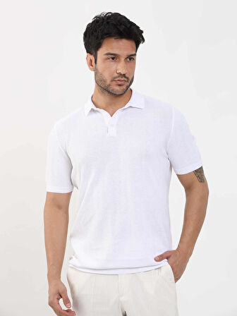 Dufy Beyaz Erkek Slim Fit Balıksırtı Desenli Polo Yaka Kazak - 104551