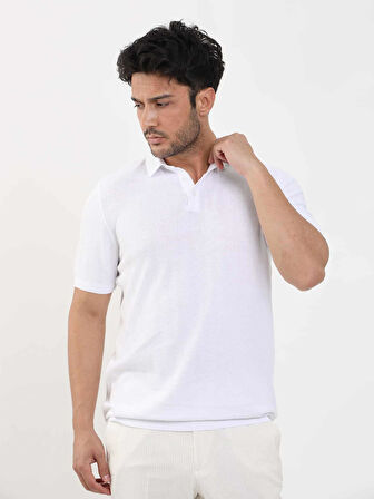 Dufy Beyaz Erkek Slim Fit Balıksırtı Desenli Polo Yaka Kazak - 104551