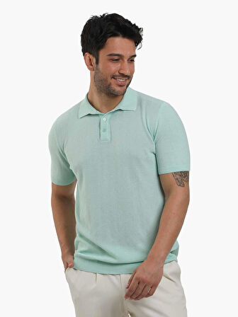 Dufy Su Yeşili Erkek Slim Fit Balıksırtı Desenli Polo Yaka Kazak - 104556