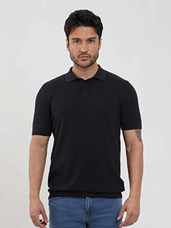 Dufy Lacivert Erkek Slim Fit Balıksırtı Desenli Polo Yaka Kazak - 104561