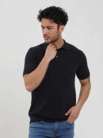 Dufy Lacivert Erkek Slim Fit Balıksırtı Desenli Polo Yaka Kazak - 104561