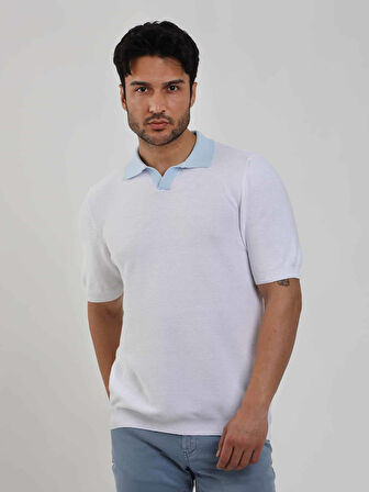 Dufy Beyaz Erkek Slim Fit Düz Polo Yaka Kazak - 104576