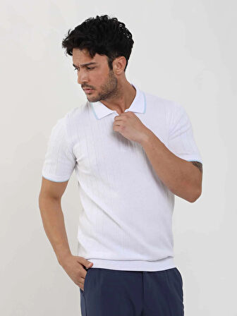 Dufy Beyaz Erkek Slim Fit Fitilli Fermuarlı Polo Yaka Kazak - 104606