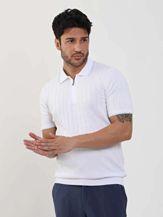 Dufy Beyaz Erkek Slim Fit Fitilli Fermuarlı Polo Yaka Kazak - 104606