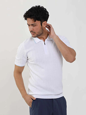 Dufy Beyaz Erkek Slim Fit Fitilli Fermuarlı Polo Yaka Kazak - 104606