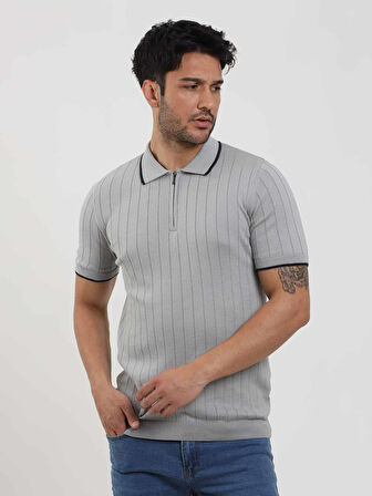 Dufy Gri Erkek Slim Fit Fitilli Fermuarlı Polo Yaka Kazak - 104621