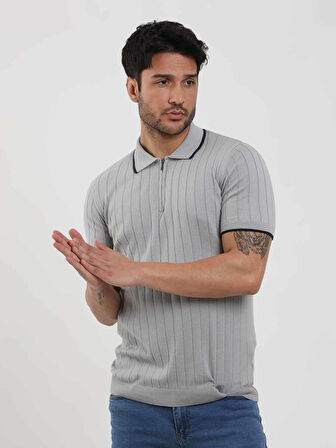Dufy Gri Erkek Slim Fit Fitilli Fermuarlı Polo Yaka Kazak - 104621