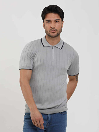 Dufy Gri Erkek Slim Fit Fitilli Fermuarlı Polo Yaka Kazak - 104621