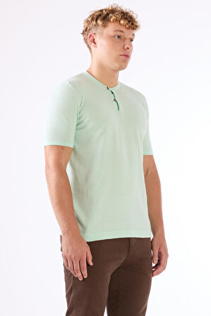 Su Yeşili Erkek Slim Fit Düz Düğmeli O Yaka Triko 