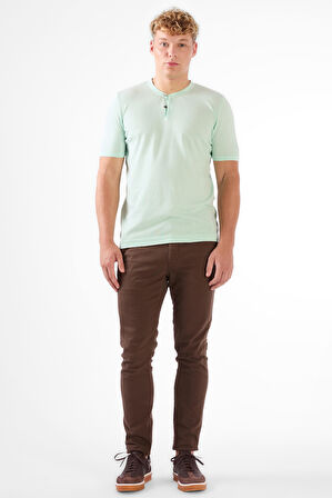 Su Yeşili Erkek Slim Fit Düz Düğmeli O Yaka Triko 
