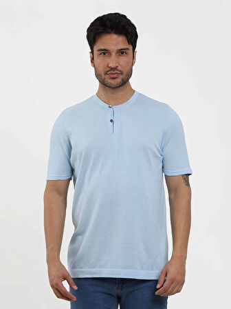 Dufy Buz Mavisi Erkek Slim Fit Düz Düğmeli O Yaka Kazak - 104636