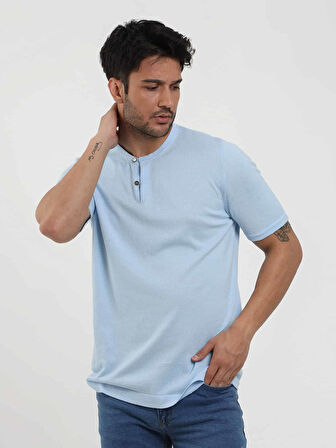 Dufy Buz Mavisi Erkek Slim Fit Düz Düğmeli O Yaka Kazak - 104636