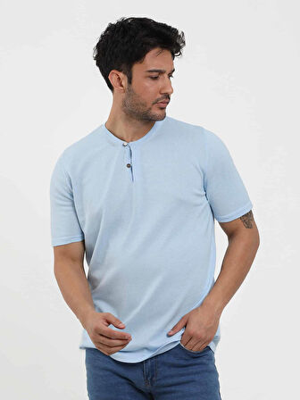 Dufy Buz Mavisi Erkek Slim Fit Düz Düğmeli O Yaka Kazak - 104636