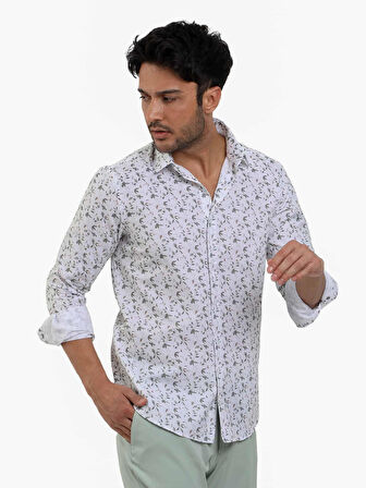 Dufy Yeşil Erkek Slim Fit Çiçek Desenli Brent Yaka Uzun Kol Gömlek - 104785