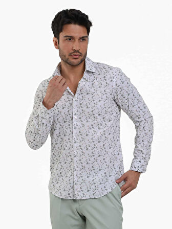 Dufy Yeşil Erkek Slim Fit Çiçek Desenli Brent Yaka Uzun Kol Gömlek - 104785