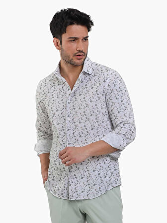 Dufy Yeşil Erkek Slim Fit Çiçek Desenli Brent Yaka Uzun Kol Gömlek - 104785