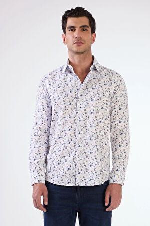 Mavi Erkek Slim Fit Çiçek Desenli Brent Yaka Uzun Kol Gömlek 