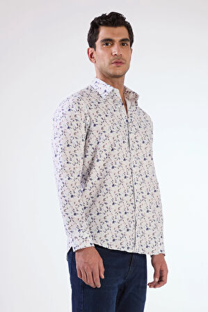 Mavi Erkek Slim Fit Çiçek Desenli Brent Yaka Uzun Kol Gömlek 