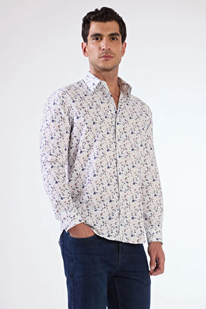 Mavi Erkek Slim Fit Çiçek Desenli Brent Yaka Uzun Kol Gömlek 