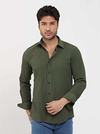 Dufy Haki Erkek Slim Fit Gofre Desenli Brent Yaka Uzun Kol Gömlek - 104800