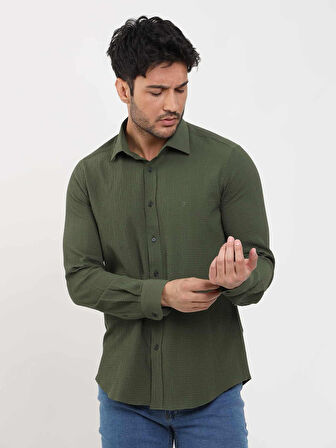 Dufy Haki Erkek Slim Fit Gofre Desenli Brent Yaka Uzun Kol Gömlek - 104800