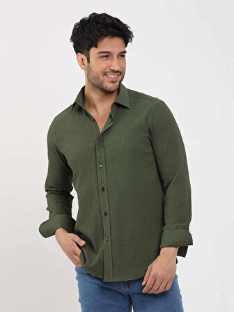 Dufy Haki Erkek Slim Fit Gofre Desenli Brent Yaka Uzun Kol Gömlek - 104800