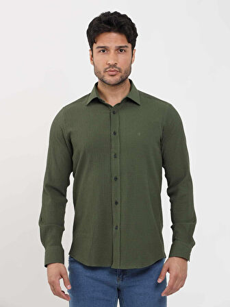Dufy Haki Erkek Slim Fit Gofre Desenli Brent Yaka Uzun Kol Gömlek - 104800
