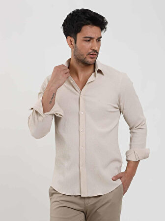 Dufy Bej Erkek Slim Fit Gofre Desenli Brent Yaka Uzun Kol Gömlek - 104810
