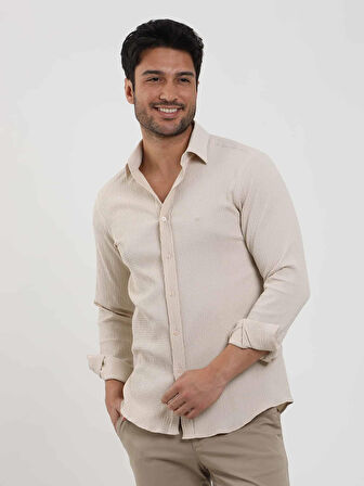 Dufy Bej Erkek Slim Fit Gofre Desenli Brent Yaka Uzun Kol Gömlek - 104810