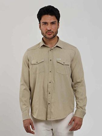 Dufy Bej Erkek Regular Fit Düz Klasik Yaka Uzun Kol Gömlek - 104845